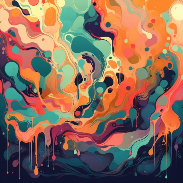 An abstract, colorful design with fluid shapes and patterns