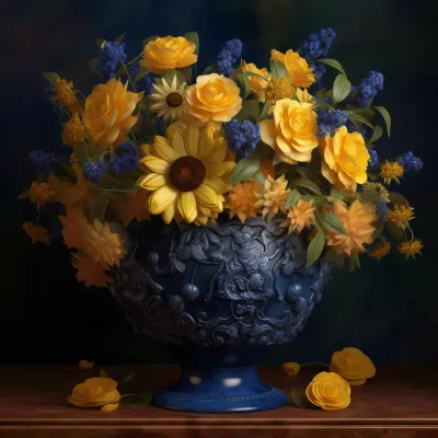 Blue Vase Filled With Yellow And Blue Flowers