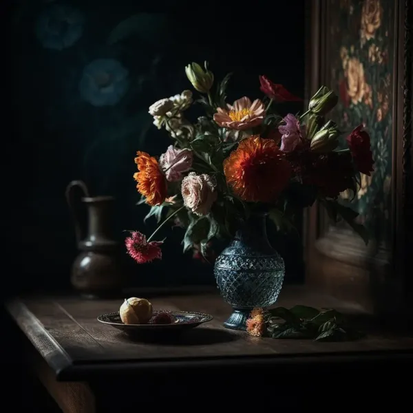 A still life of a vase of flowers on a table