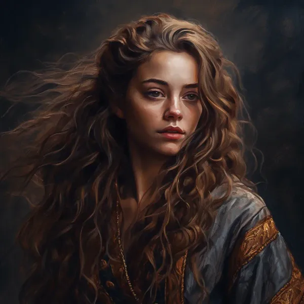 A realistic portrait of a woman with flowing hair and intricate clothing