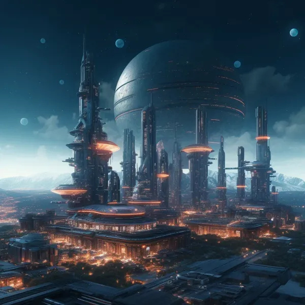 A futuristic city skyline at night with glowing skyscrapers