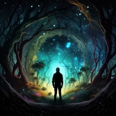 Man Standing In The Middle Of A Forrest At Night Galaxy