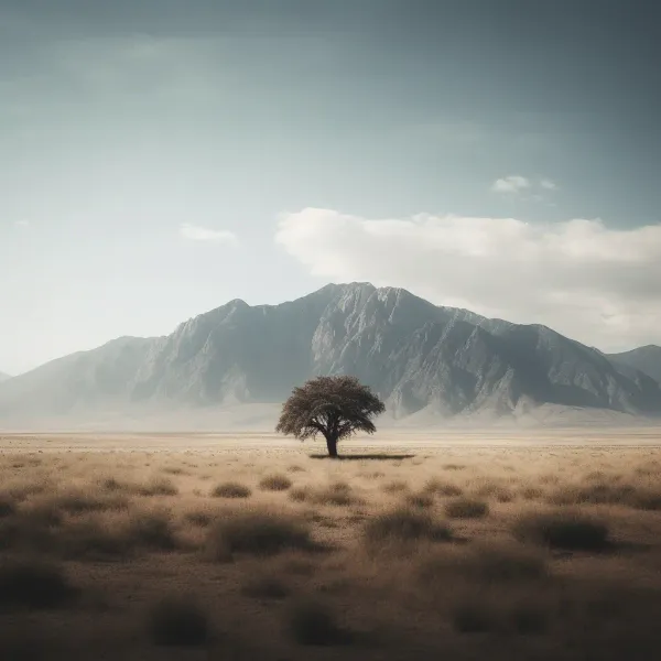 A minimalist landscape with a single tree and mountain range