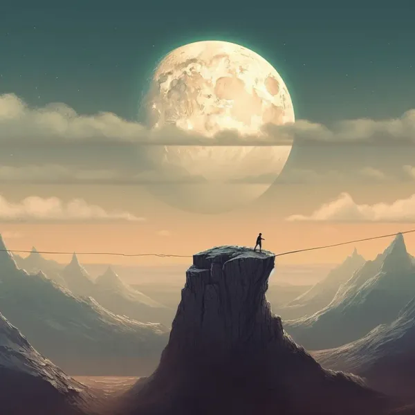 A surreal landscape with a giant moon and a person on a tightrope