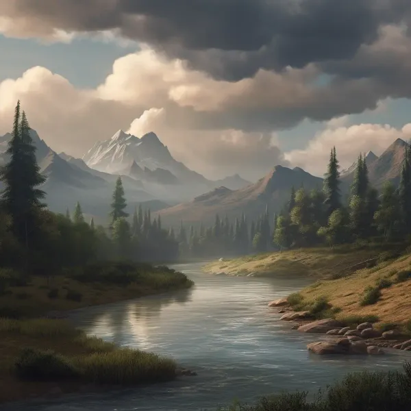 A photorealistic mountain landscape with clouds, trees, and a river