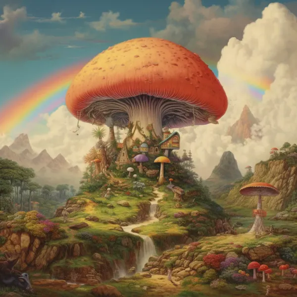 A surrealist landscape with a giant mushroom forest