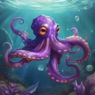Painging Of A Purple Cotopus Swimming In The Ocean