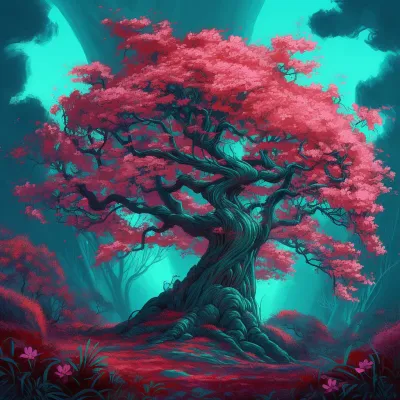 Painging Of A Tree With Pink Flowers