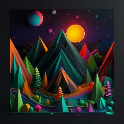 Painting Of A Space Scene With Mountains Planets And Trees