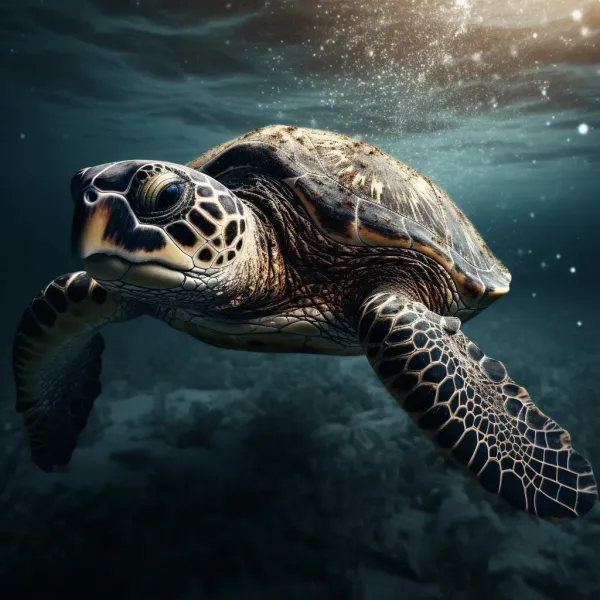 A sea turtle swimming in the ocean with realistic lighting