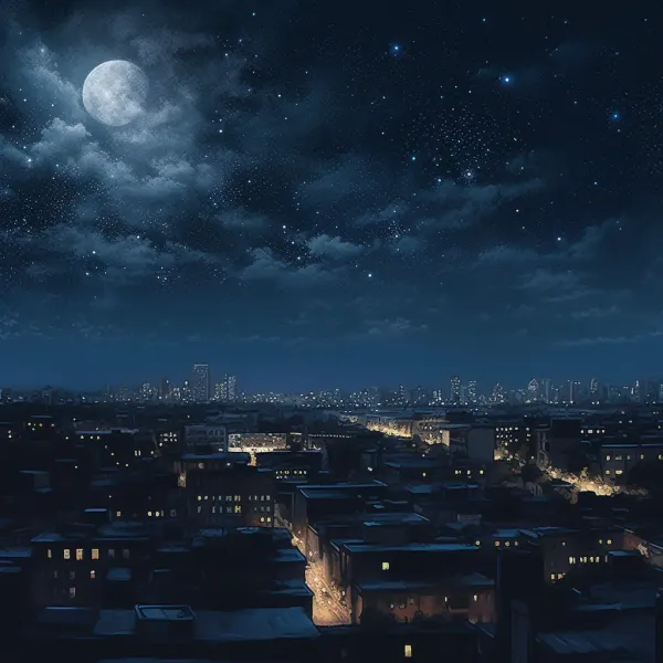 A starry night sky over a cityscape with the moon rising