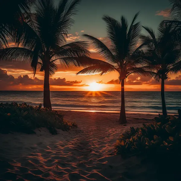 A sunset over a beach with palm trees
