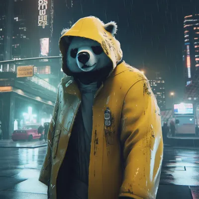 White Bear Wearing A Yellow Raincoat In The Rain